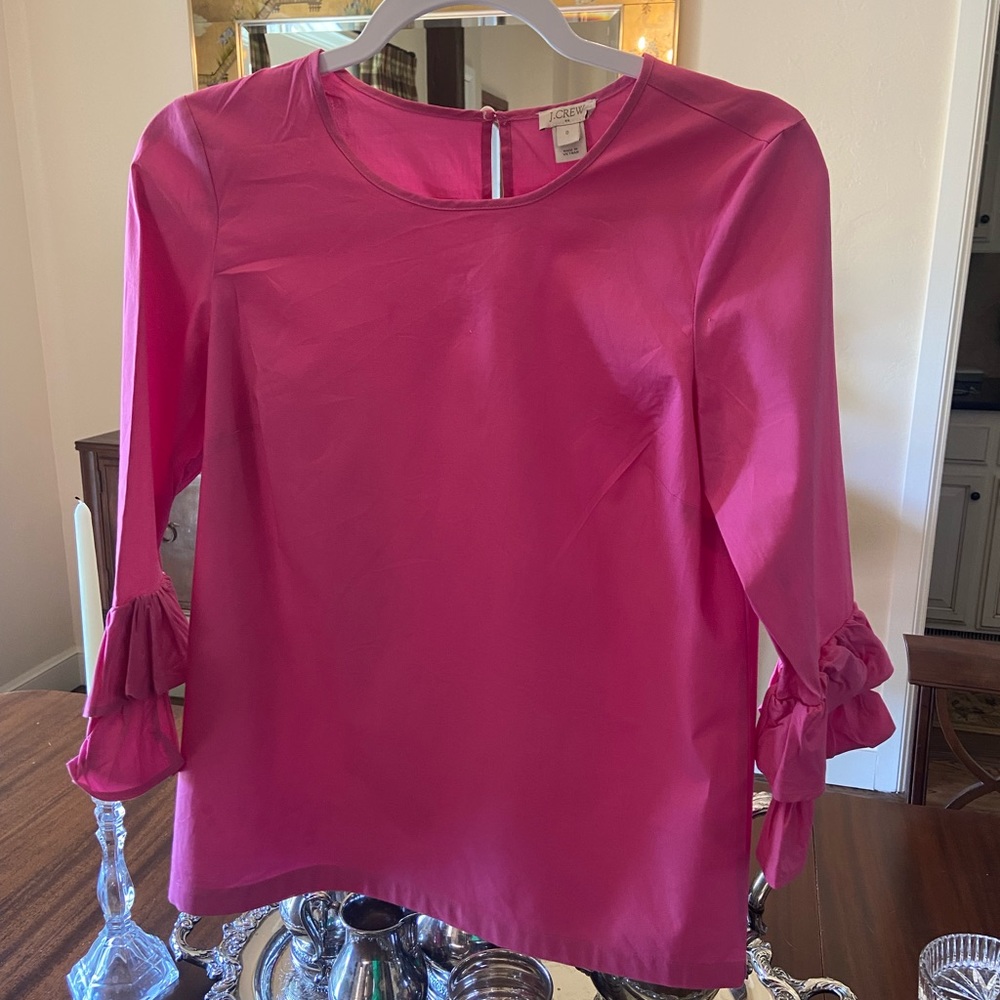 J Crew classic hot pink ruffle sleeve cotton blouse, worn twice.